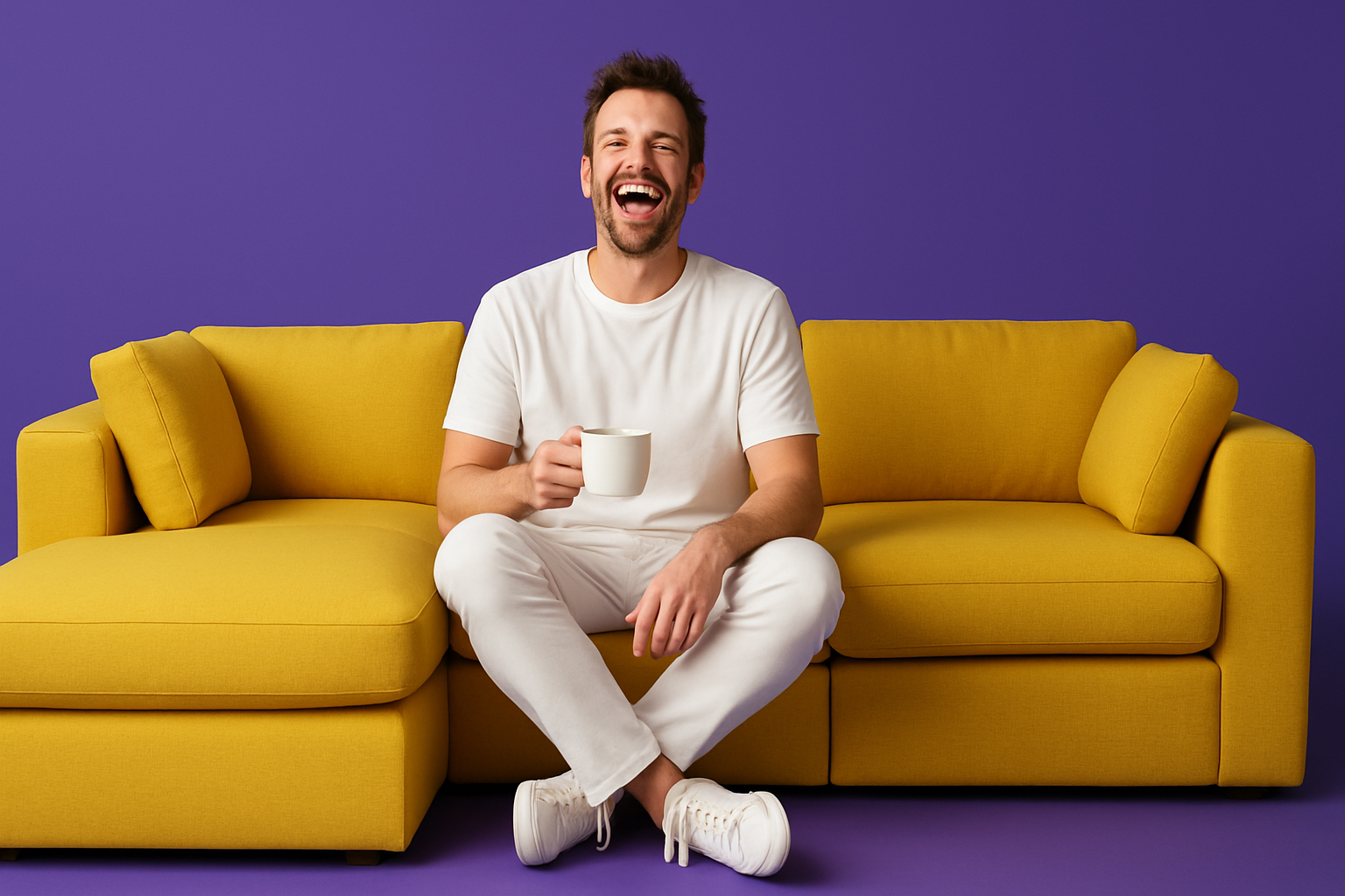 Homem feliz sentado em um sofá amarelo